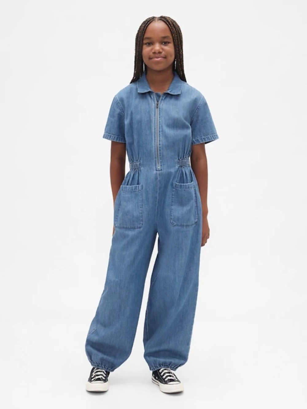 Like New [GAP KIDS] Short Sleeve Cotton Denim Zip Up Jogger Jumpsuit | Medium 8